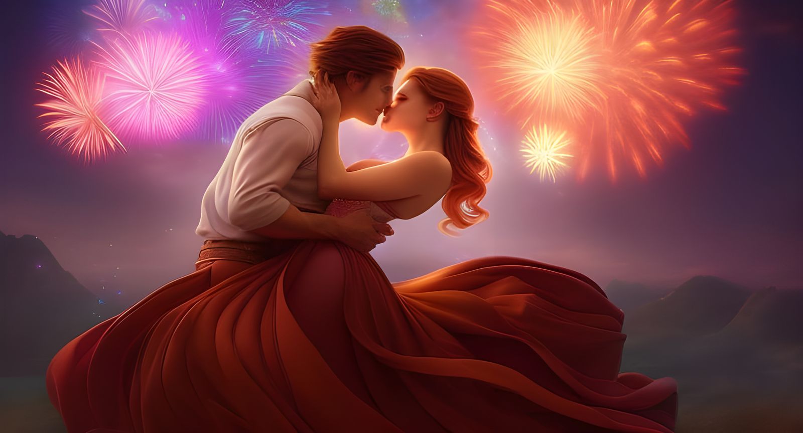 Passionate Kiss Amidst Fireworks Display