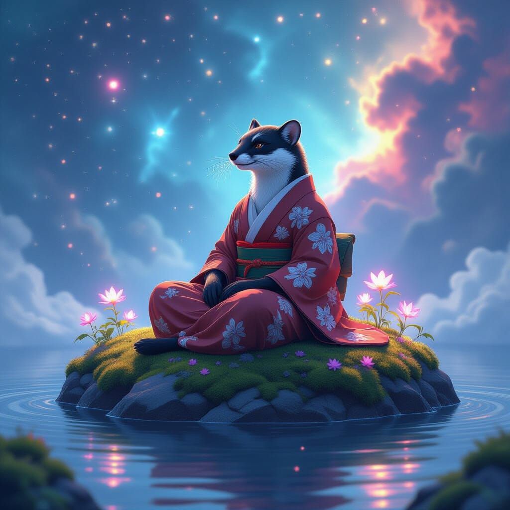 Wise Weasel in Silk Kimono on Floating Rock in Nebula