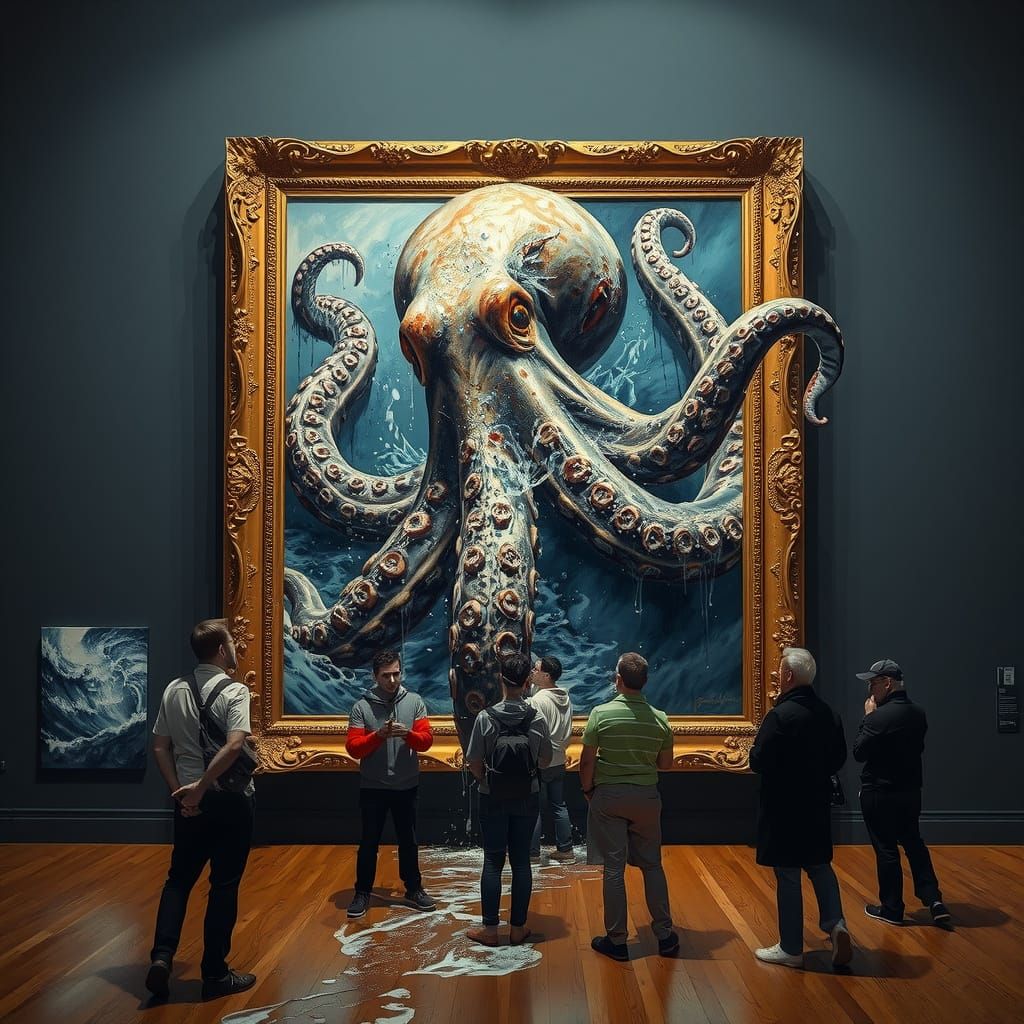 Octopus Painting Bursts from Frame in Impasto Style