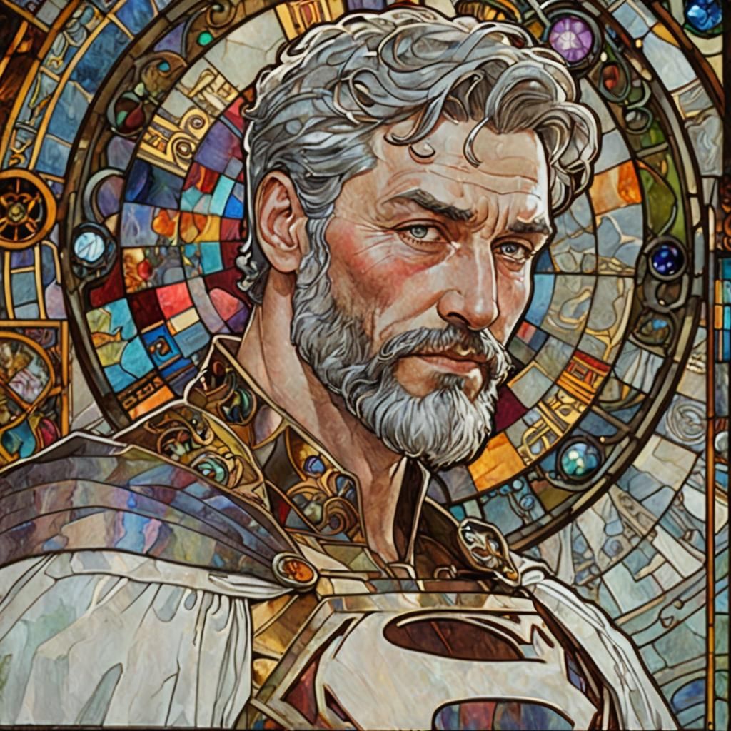 Stunning Art Nouveau Portrait of Jor El in Dazzling Stained....