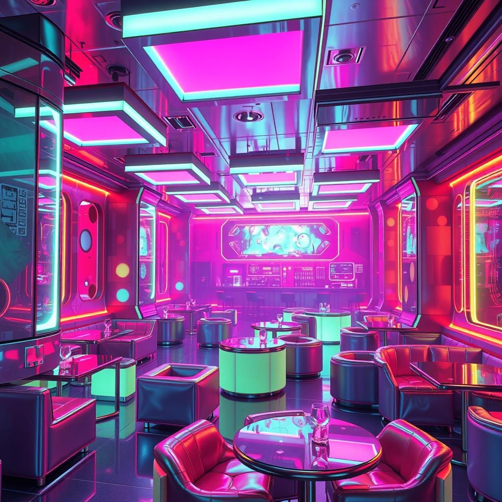 Glowing Sci-Fi Cubes in Futuristic Space Disco-Bar Interior