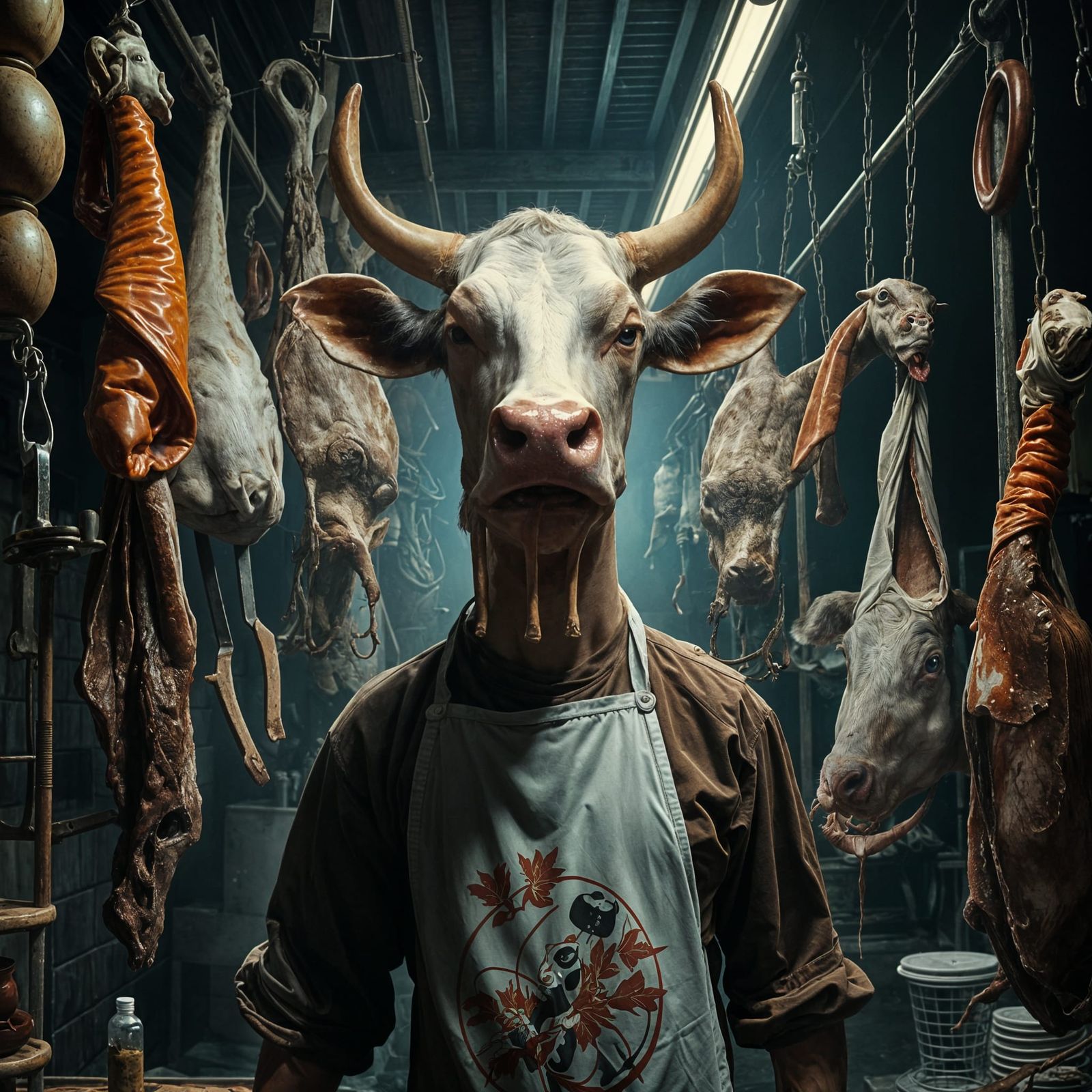 Surreal Cow-Headed Butcher in Salvador Dali Style