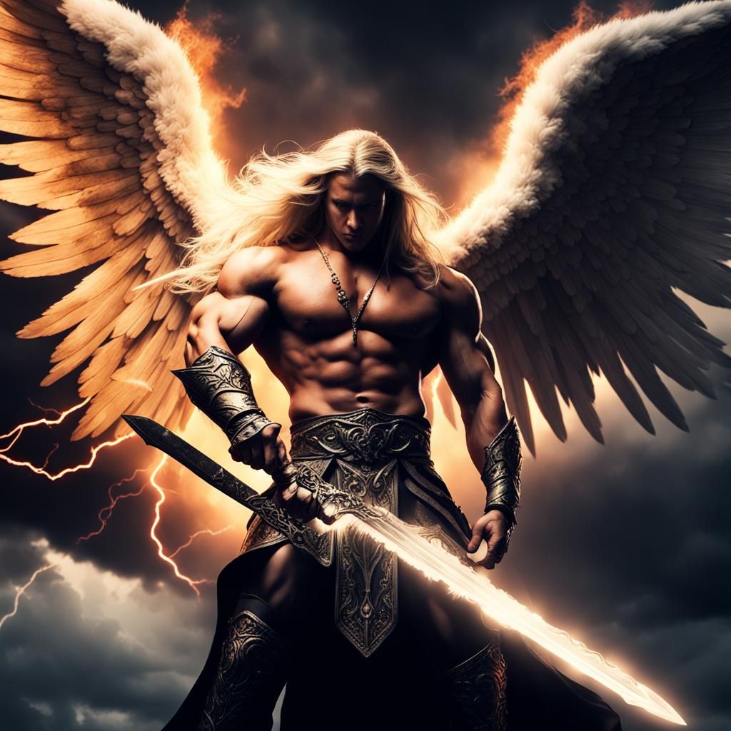 Epic Male Angel with Flaming Sword in Storm