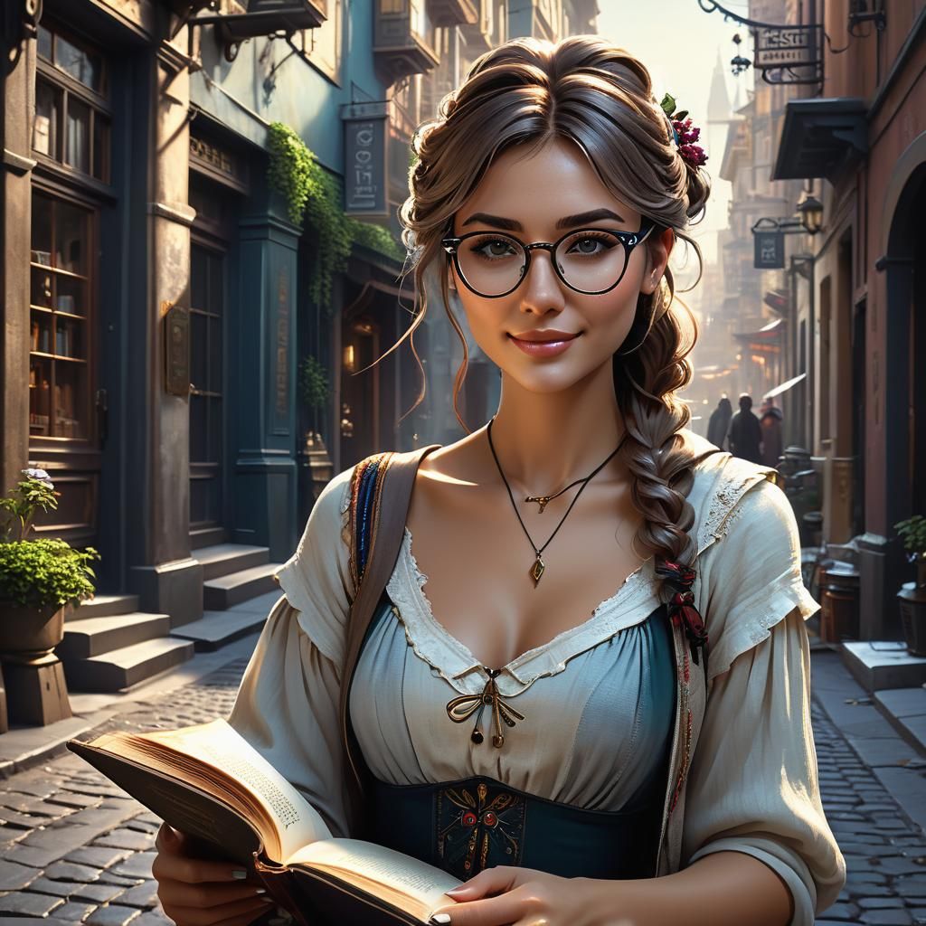 Girl Reads Book in Shabby Street, Detailed Fantasy Art