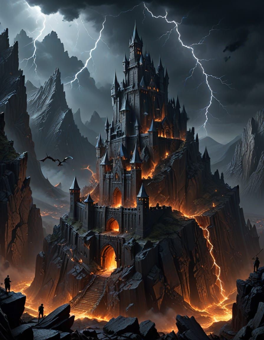 Epic Dark Fantasy Obsidian Fortress in Mountain Storm