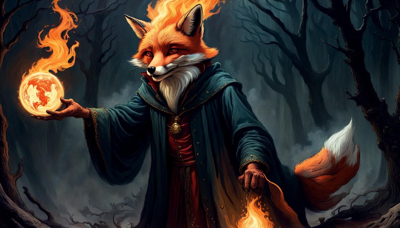 Fiery Fox Wizard in Dark Fantasy Style