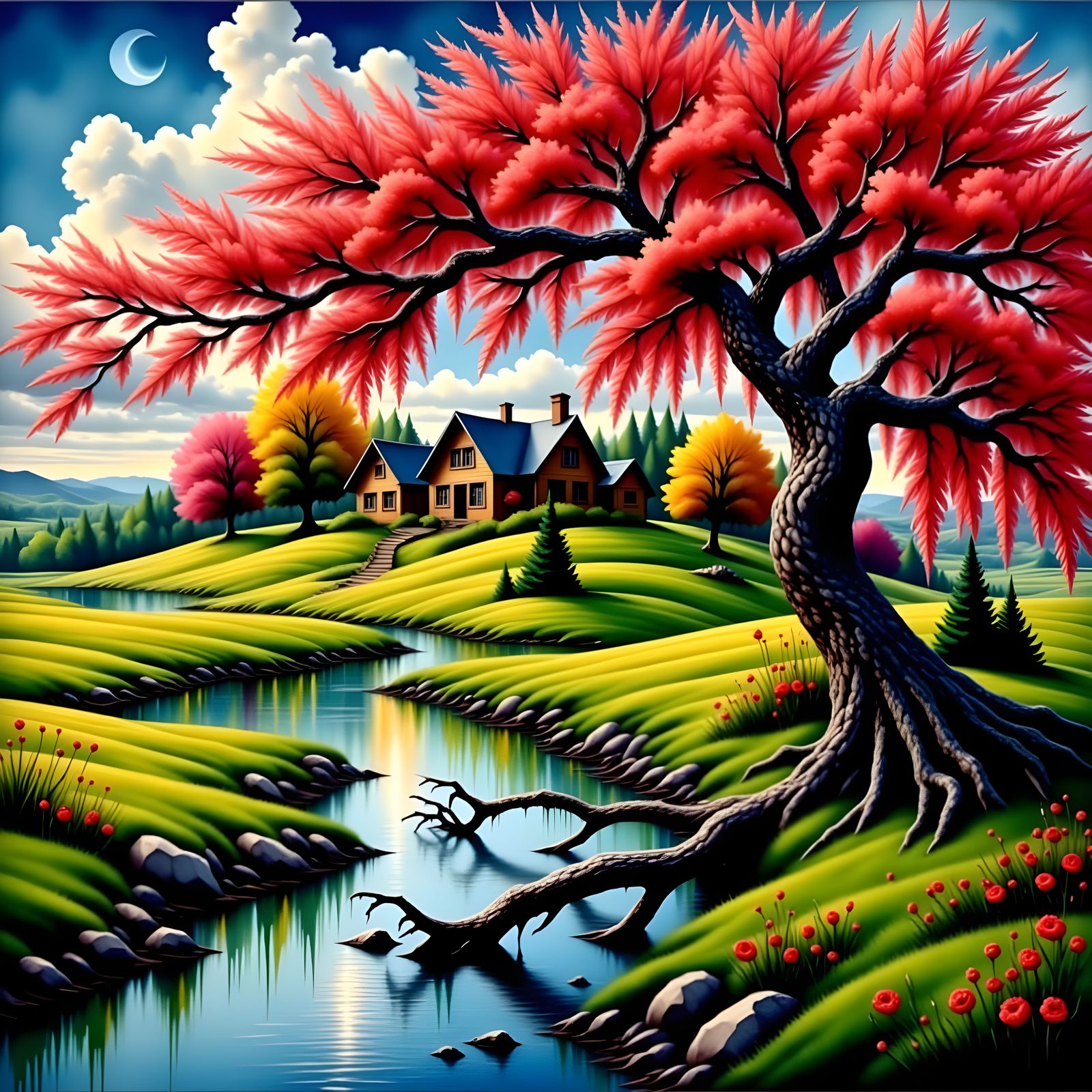 The red apple tree grows near the stream and the cottage