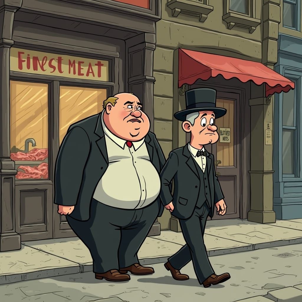 1930s Cartoon: Obese Man & Thin Man on Grimy Street