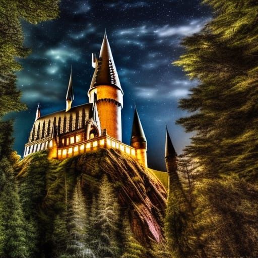 Hogwarts Castle at Night: Hyperrealistic Forest Scene