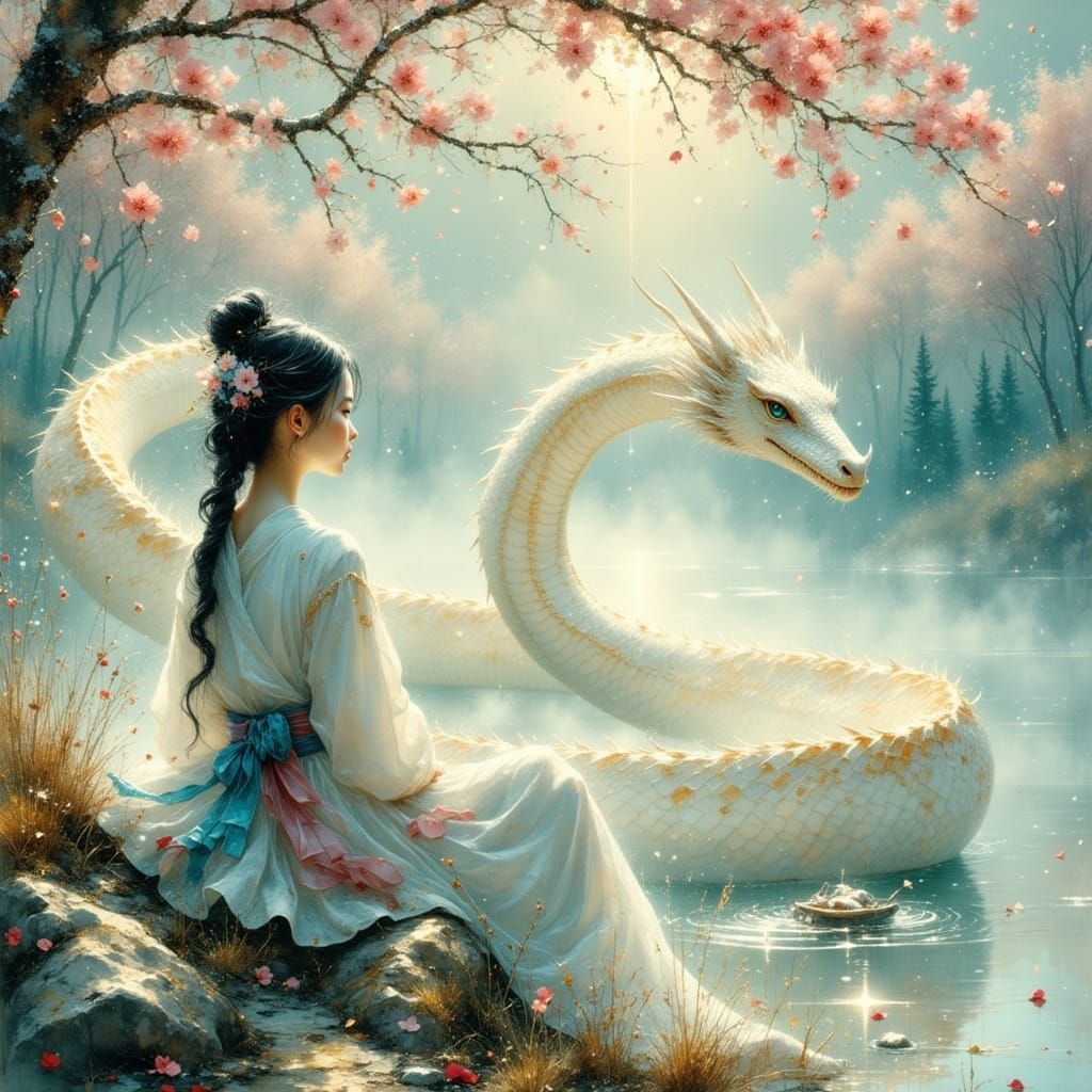 Surreal Japanese Fantasy: Woman, Dragon, and Ethereal Blooms