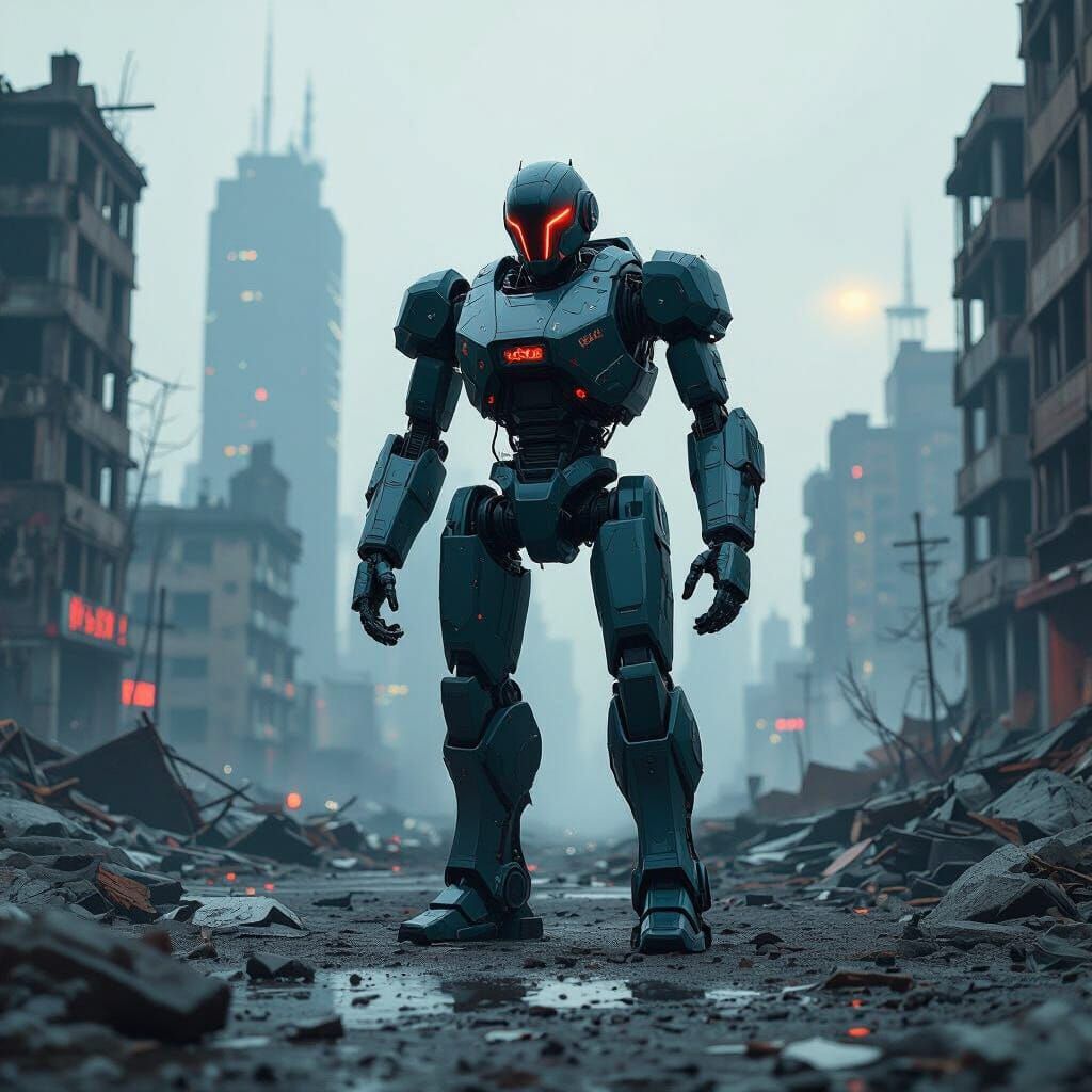 Dystopian Robot in Ruined Cityscape
