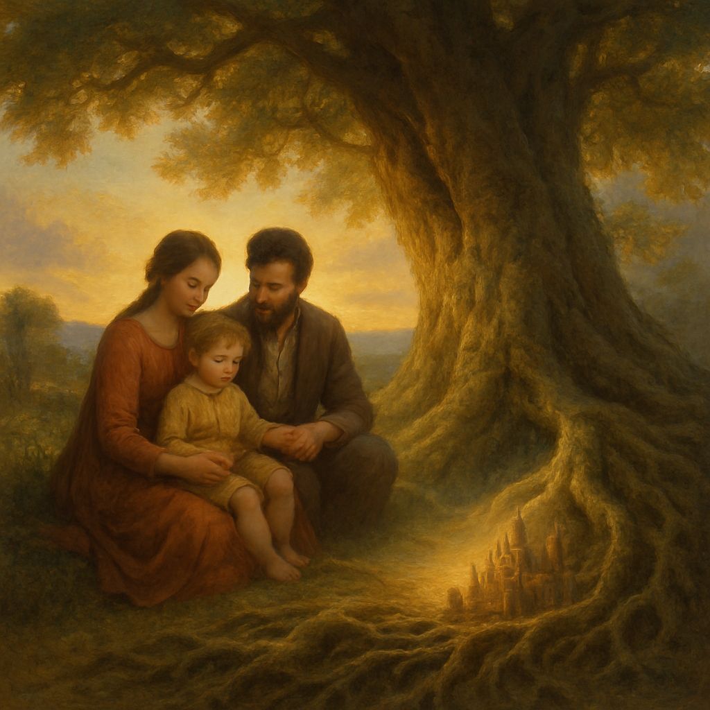 Family Portrait by Ancient Tree in Golden Hour Light
