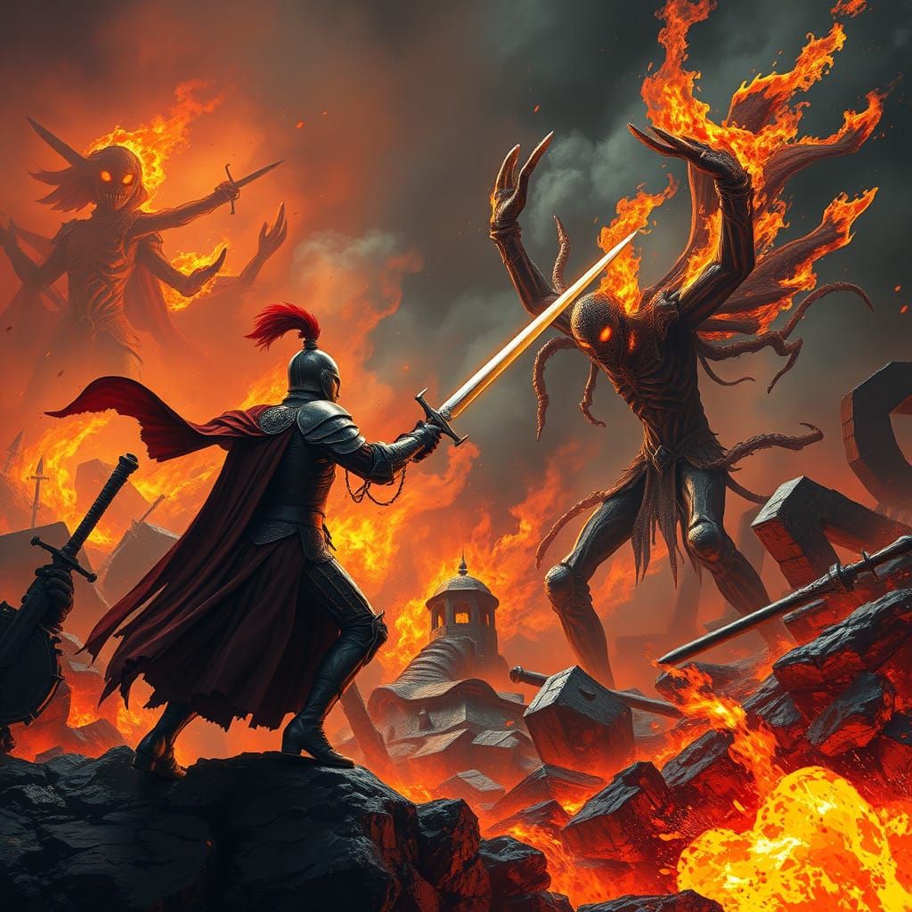 Puppet Knight Meets Tarnished on Fiery Battlefield