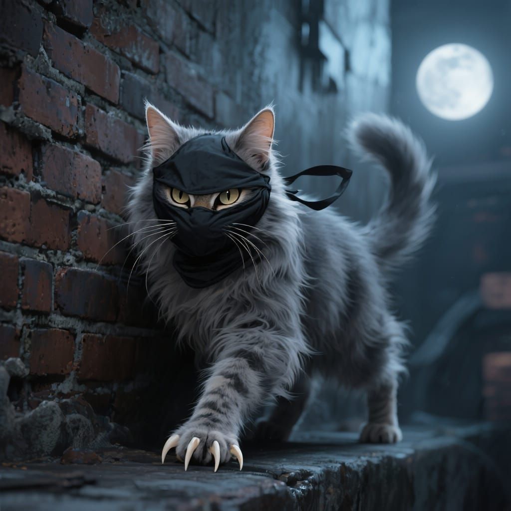 Ninja Cat Creeping Across Brick Wall in Dark Style