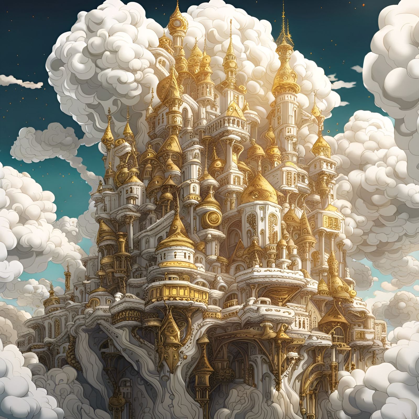 Futuristic Cloud Castle in Gold and White