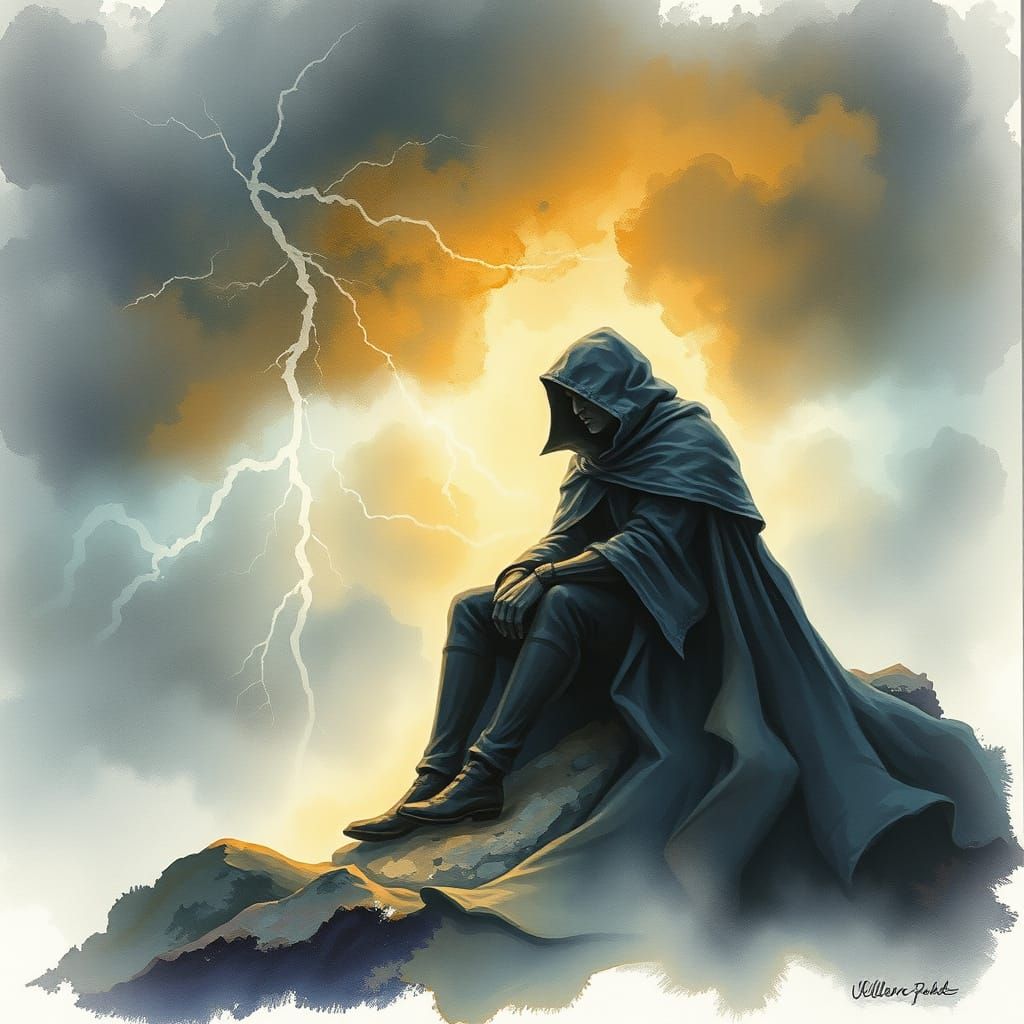 Weather-Controlling Villain in Watercolor Lair