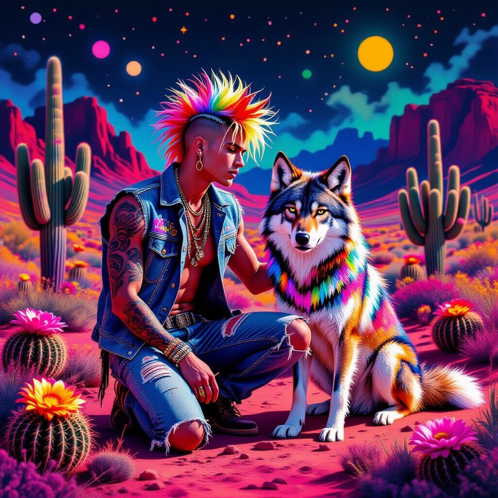 Man and Wolf in Neon Desert Landscape