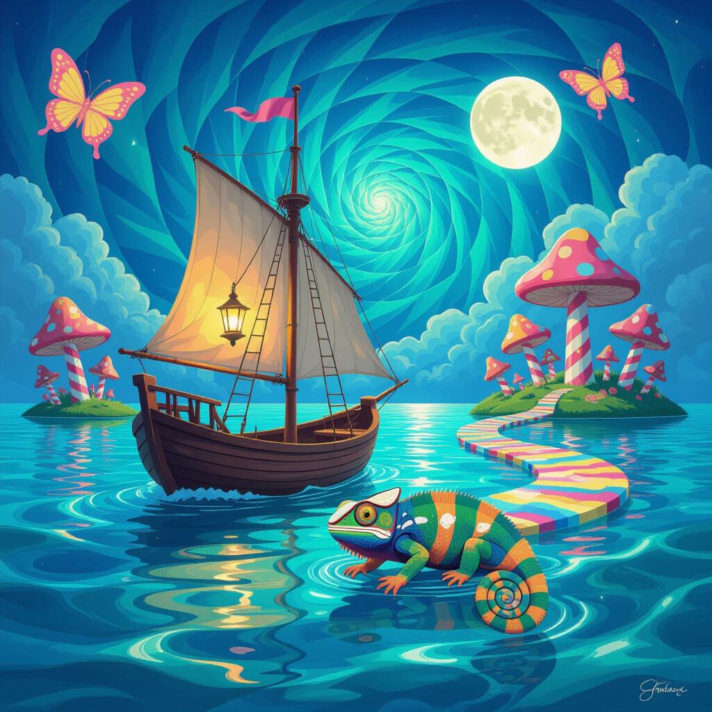 Surreal Sailboat with Chameleon Under Rainbow Sky