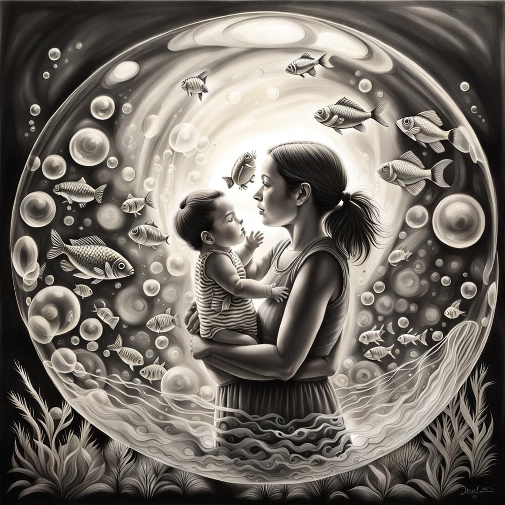 Underwater Mother and Baby in Soap Bubble