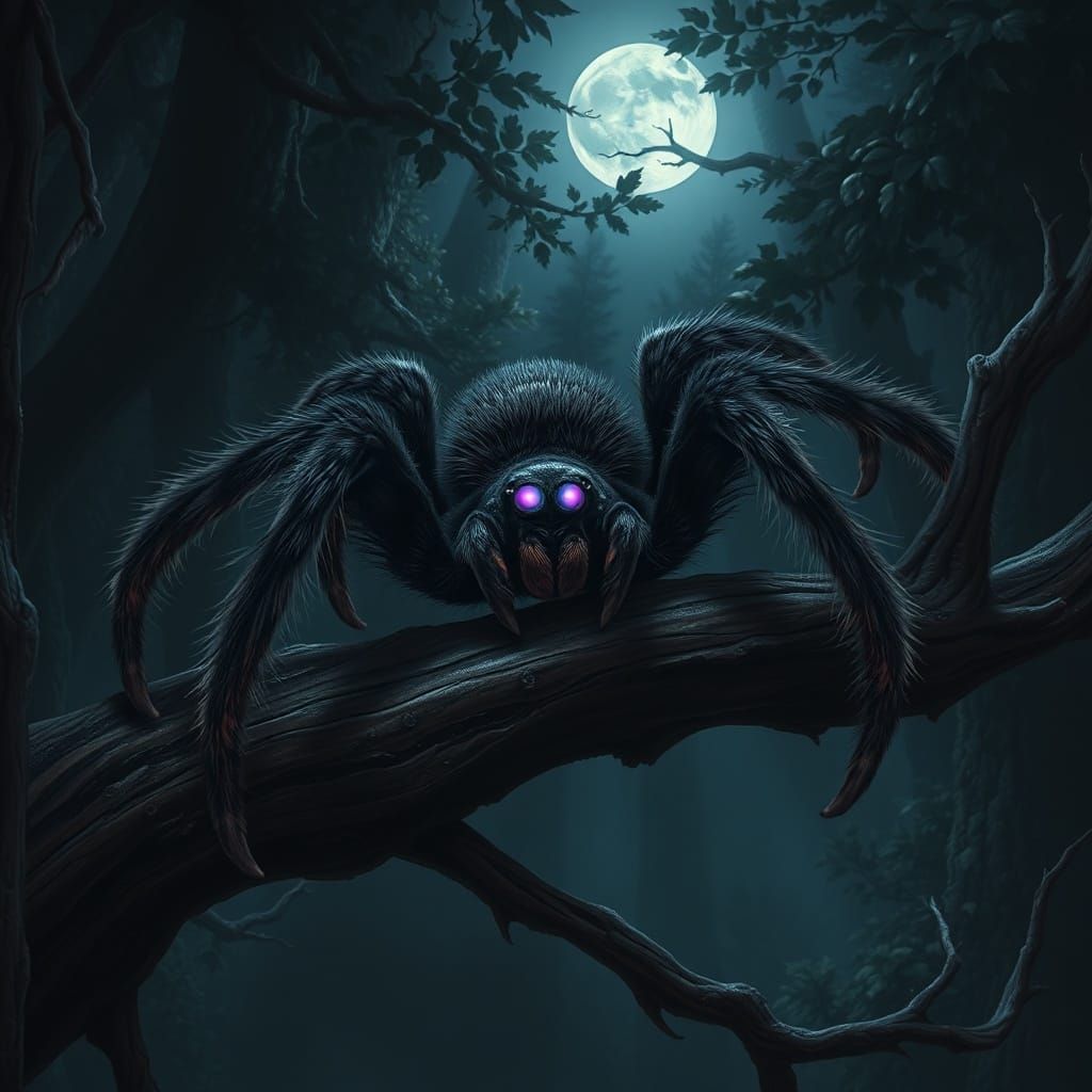 Tarantula with Lilac Eyes on Gnarled Branch in Eerie Forest