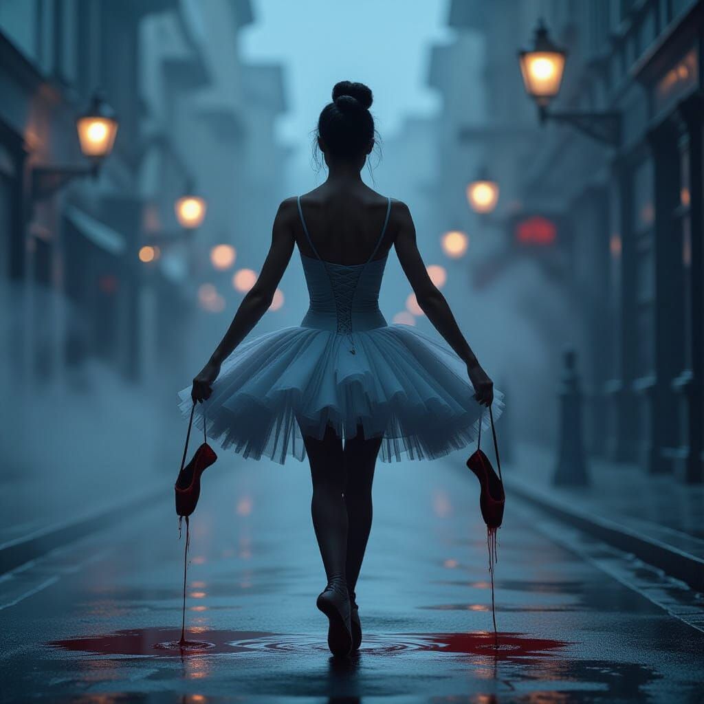 Ballerina in Mist with Red Slippers: Dark Romanticism