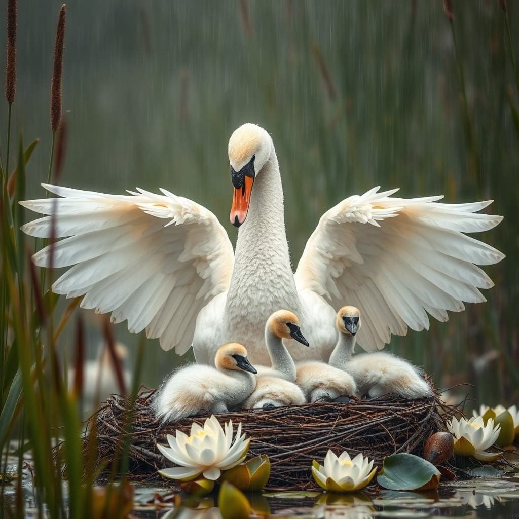 Majestic Swan Shields Cygnets from Pouring Rain in Hyperdeta...