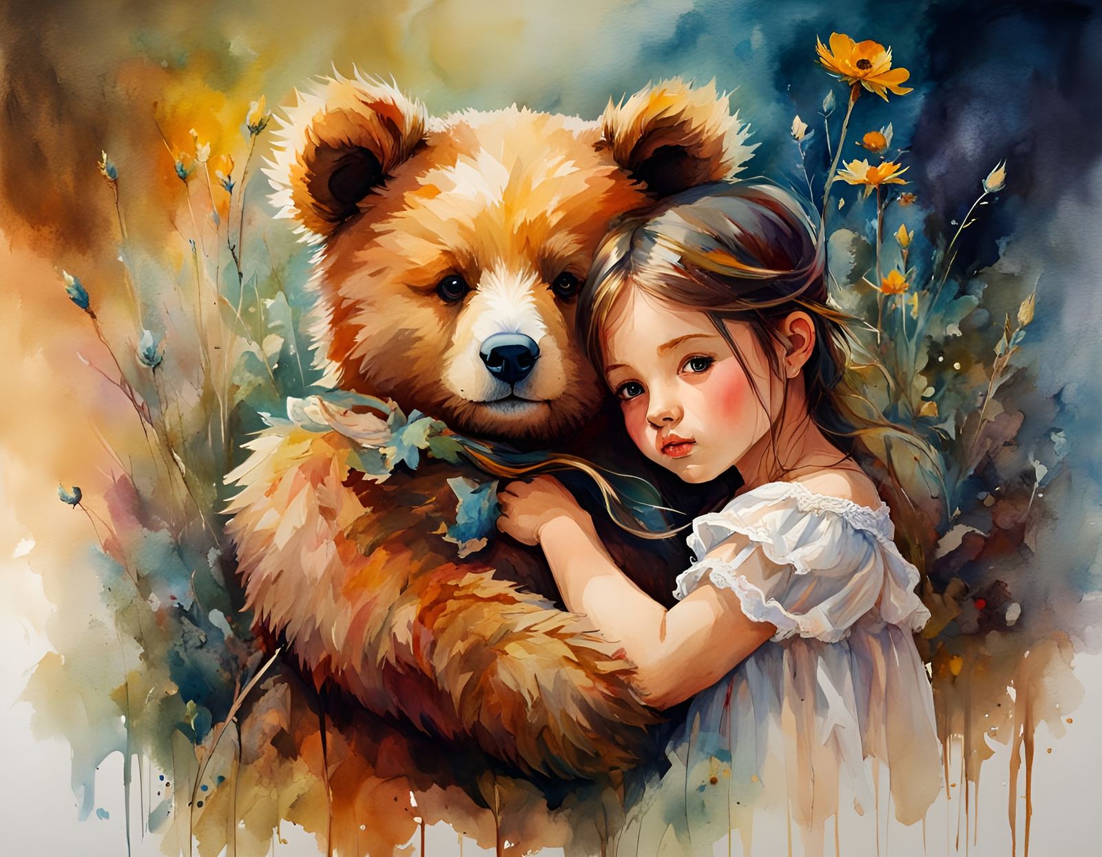Girl and Teddy Bear in Loose Watercolor Style