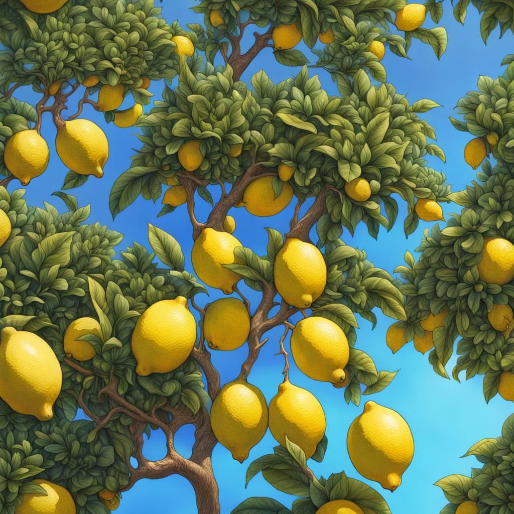 Lemon Trees in Garden: Watercolor and Ink Art