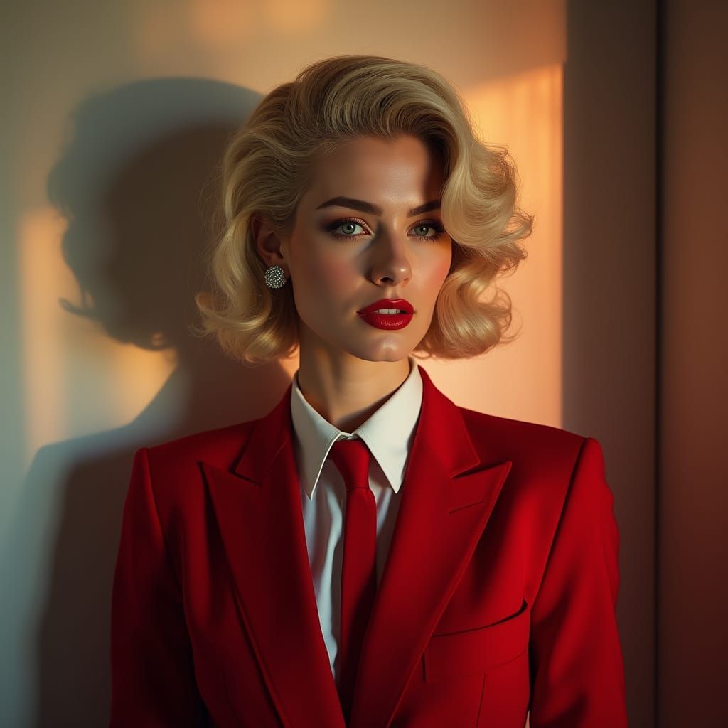 Elegant Woman in Crimson Suit with Frizzy Curled Hair