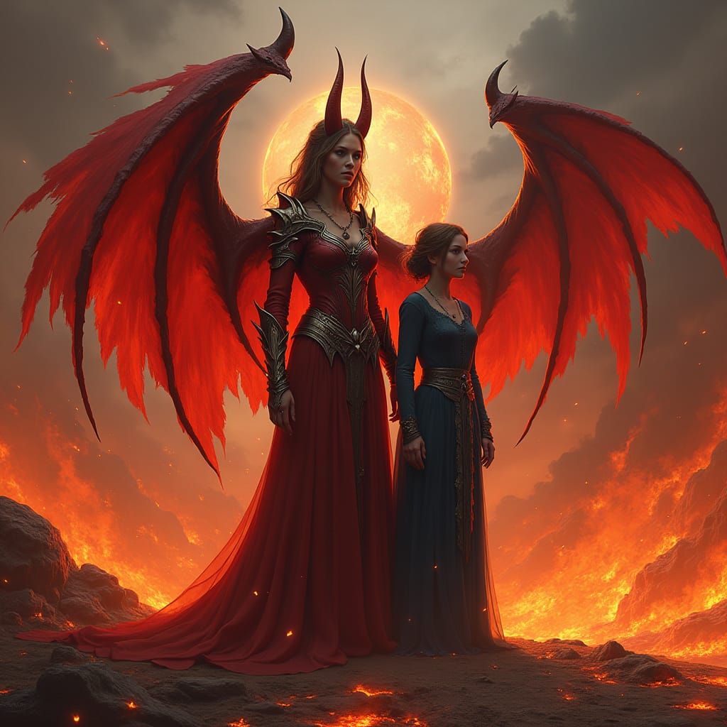 Zariel and Daughter in Hellish Landscape