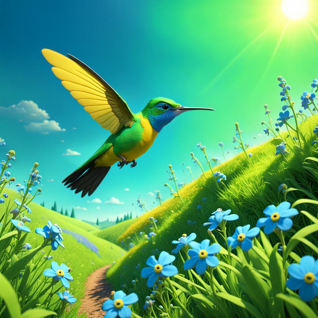 Vibrant Hummingbird Over Forget-Me-Nots: 3D Digital Art