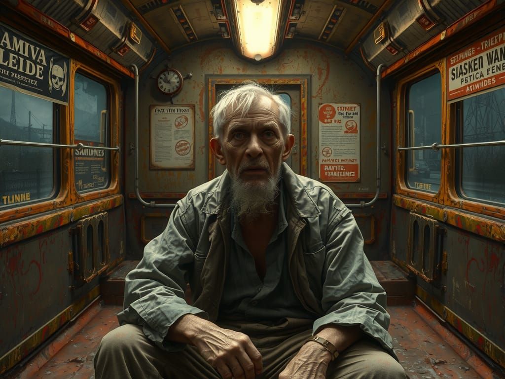 Dystopian Old Man in Derelict Train Carriage