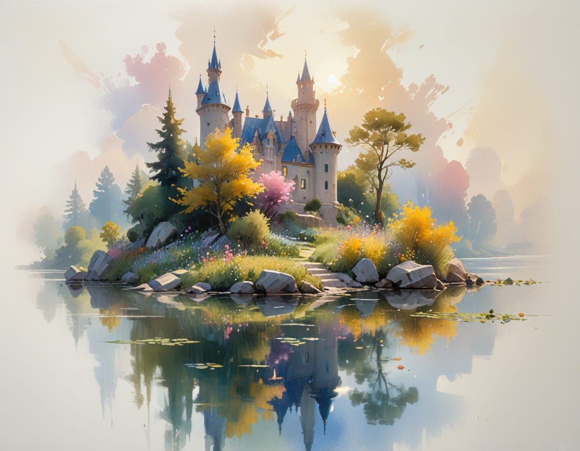Fairytale Castle Reflected in Lake, Watercolour Impressionis...