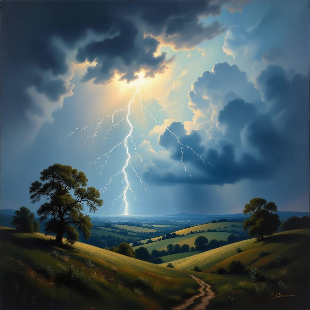 Romanticism Landscape Oil Painting of Thunderstorm
