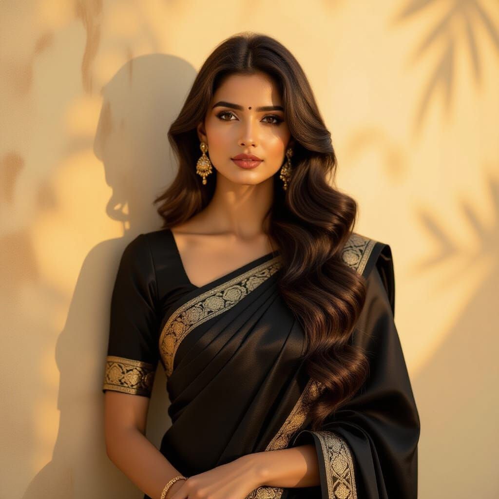 Woman in Black Saree with Retro Vintage Aesthetic
