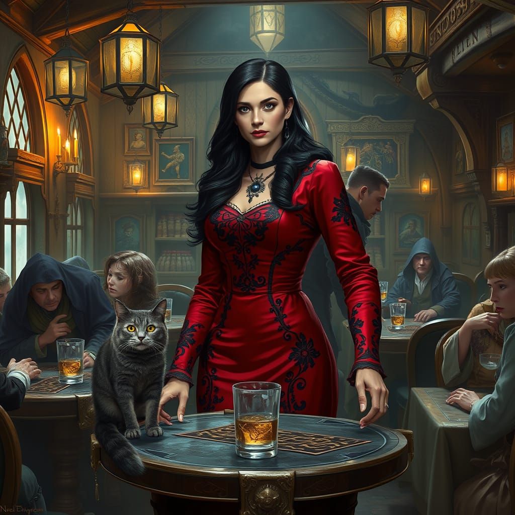 Elegant Sorceress Welcomes Patrons at Wand and Staff Inn in ...