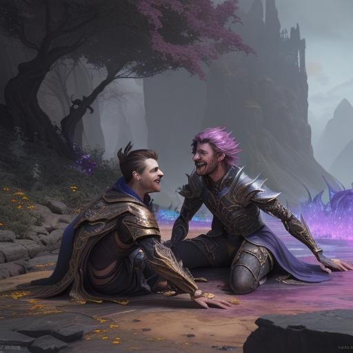 Whimsical Gay Wizards Tickling in Fantasy Painting