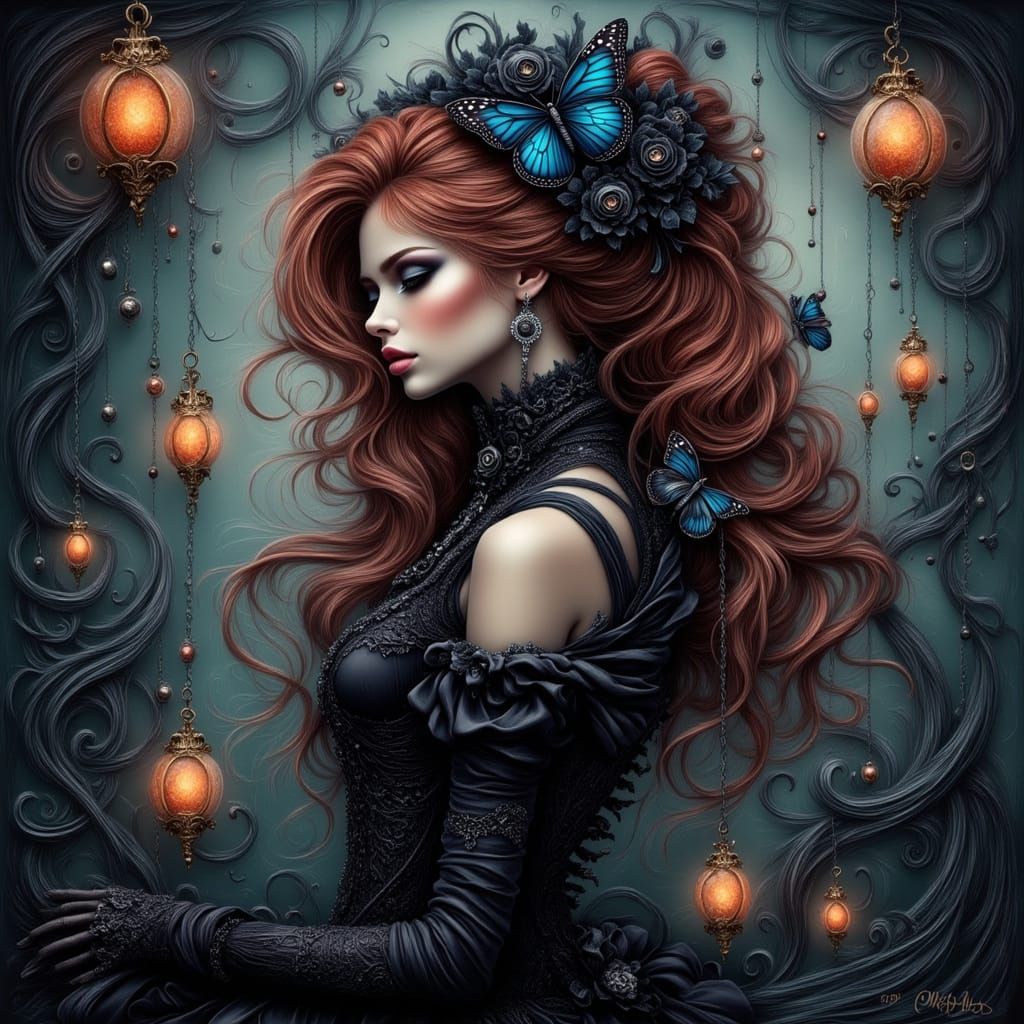 Elegant Woman with Red Hair and Skeleton Spine