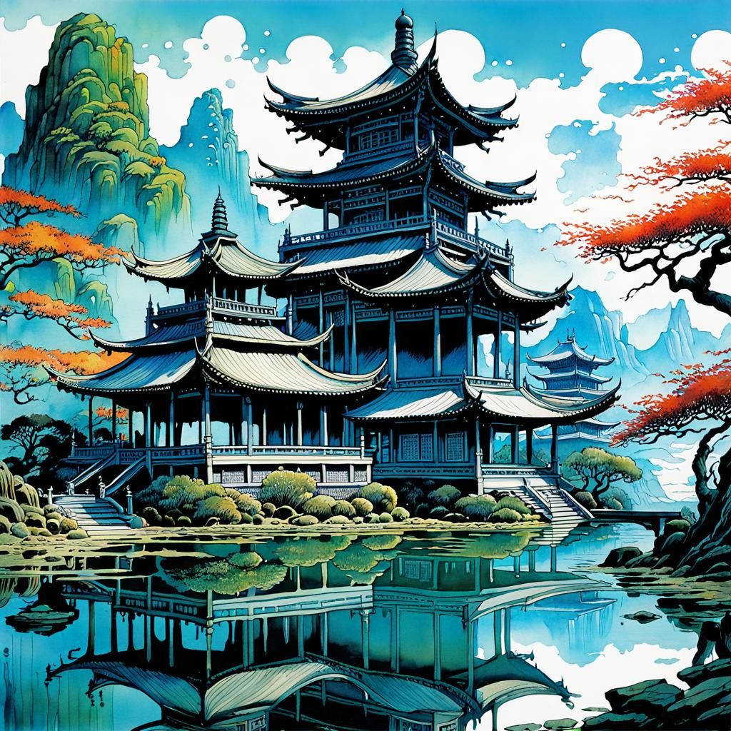 Ancient Asian Landscape Watercolor Painting