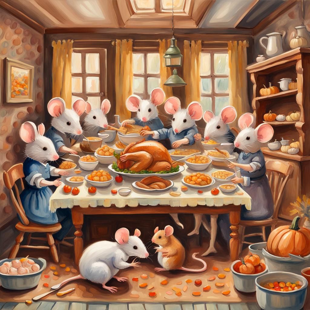Thanksgiving Dollhouse with Cute Mice in Gouache Style