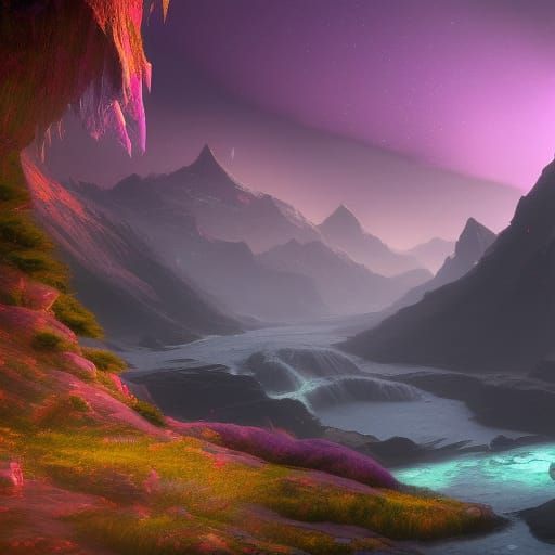 Andromeda Galaxy: Waterfall and Mountains in Fantasy Art