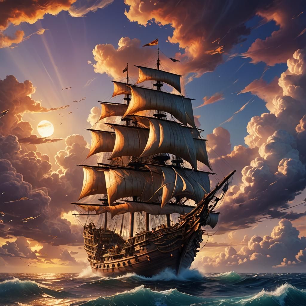 Majestic Ship Sails Through Clouds at Sunset
