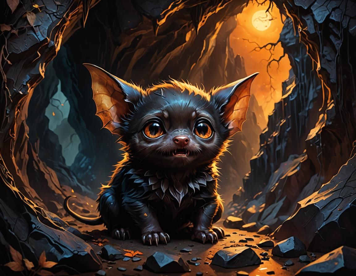 Chibi Vampire Bat Cub in Gothic Cave