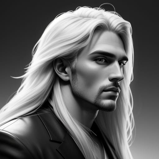 Monochrome Portrait of a Handsome Man with Long White Hair