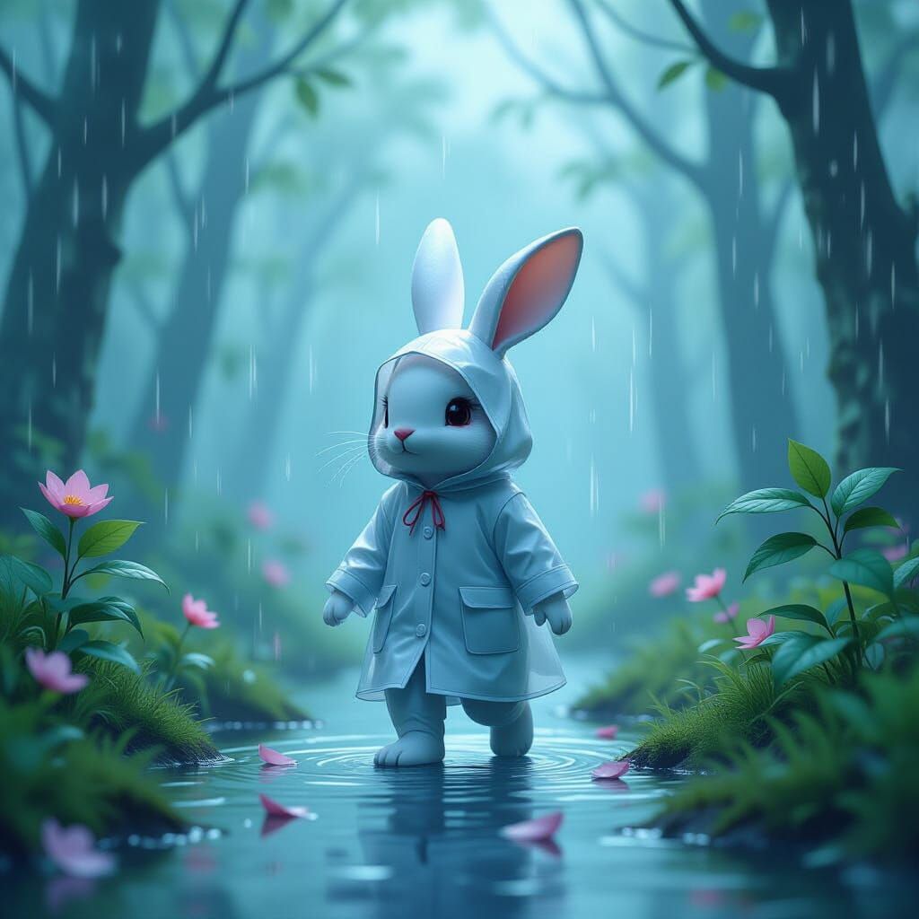 Origami Rabbit in Rainy Forest, Illustrative Style