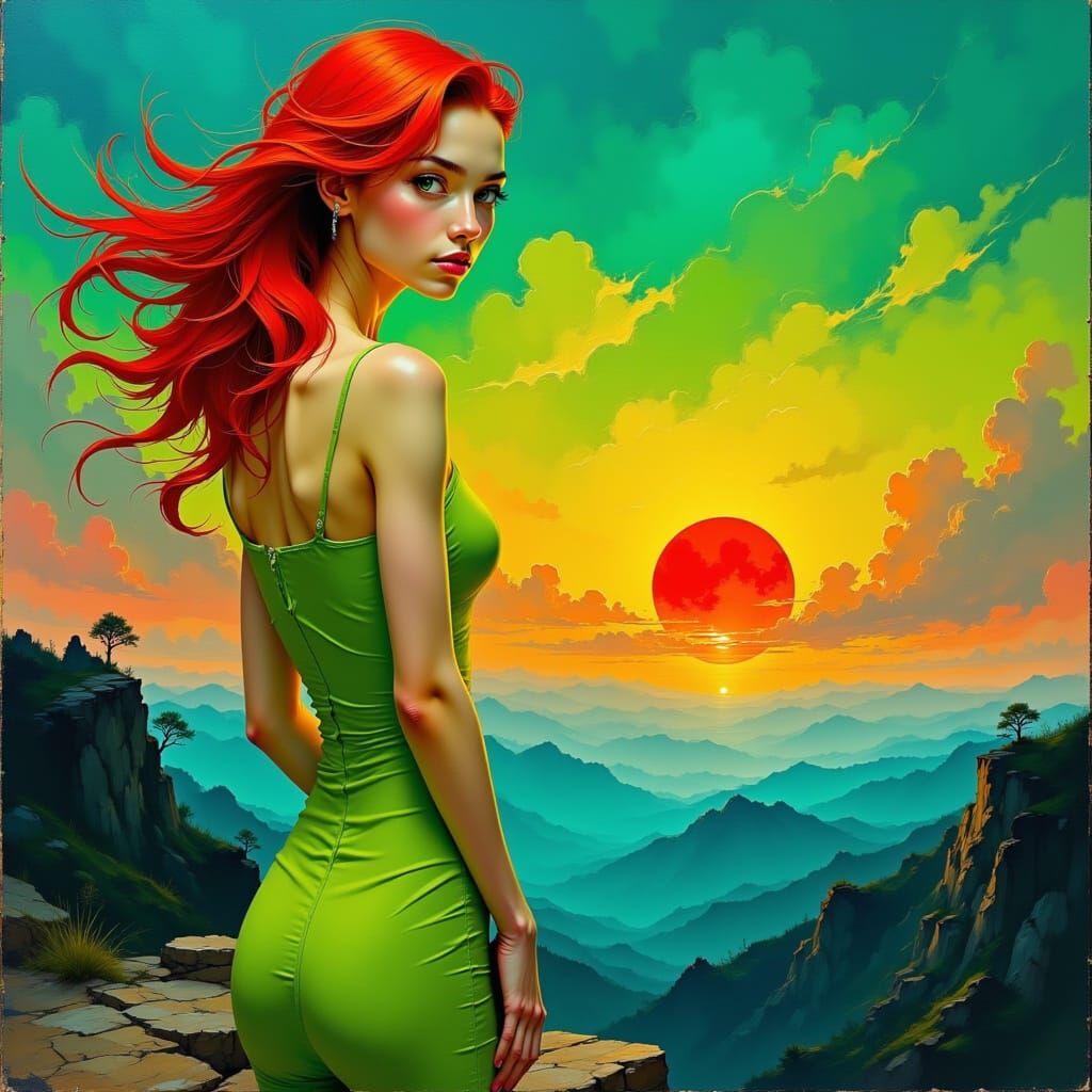 Sultry Surrealist Goddess Amidst Vibrant Twilight