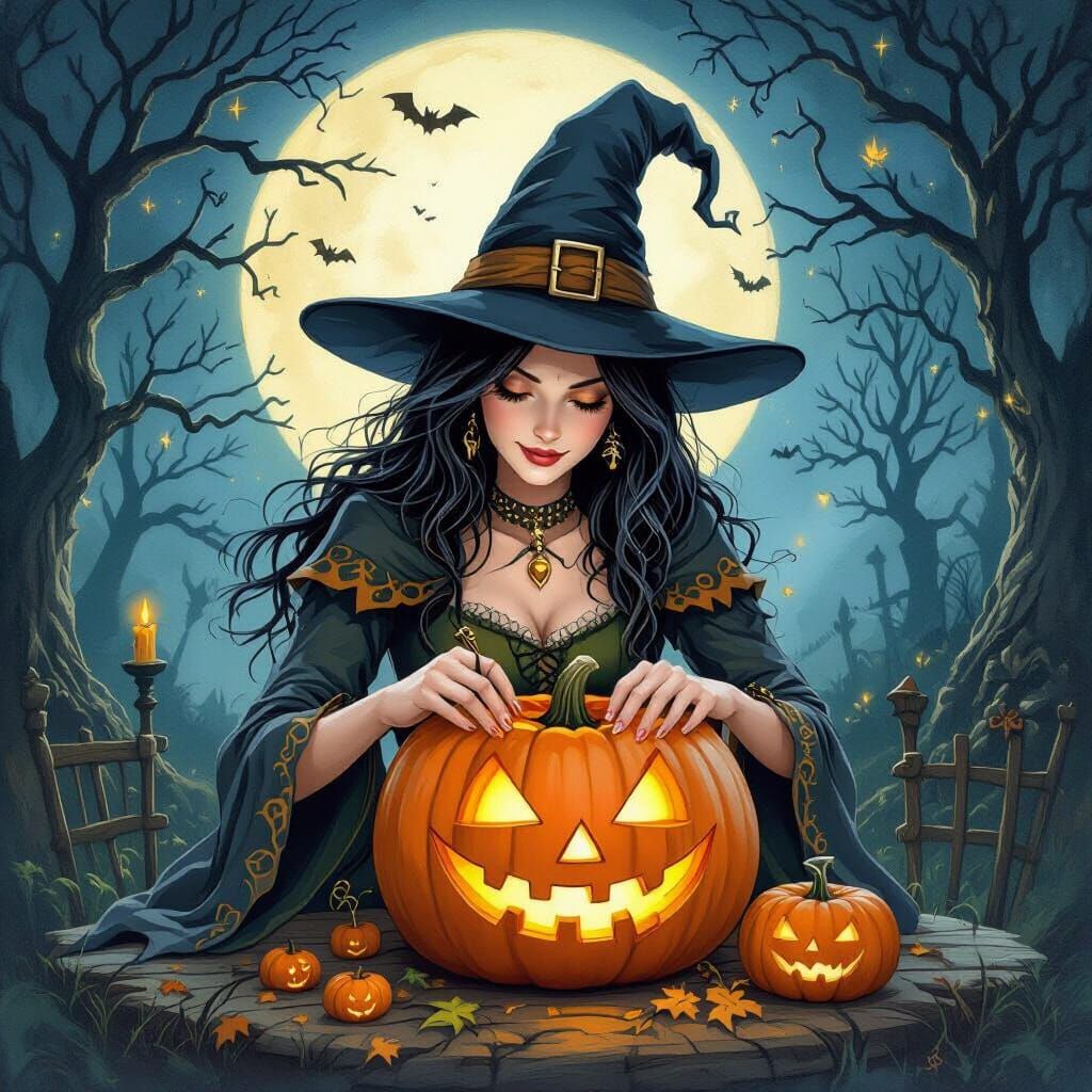 Witch Carving a Magical Jack-O-Lantern