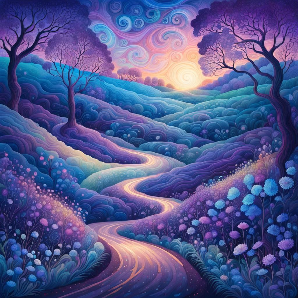 Astral Hedgerow Along Country Road at Dusk