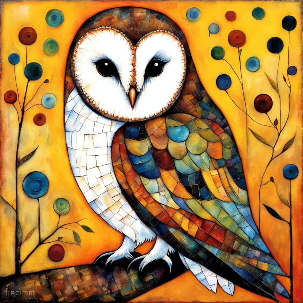 Primitive Barn Owl Encaustic Painting with Textured Detail