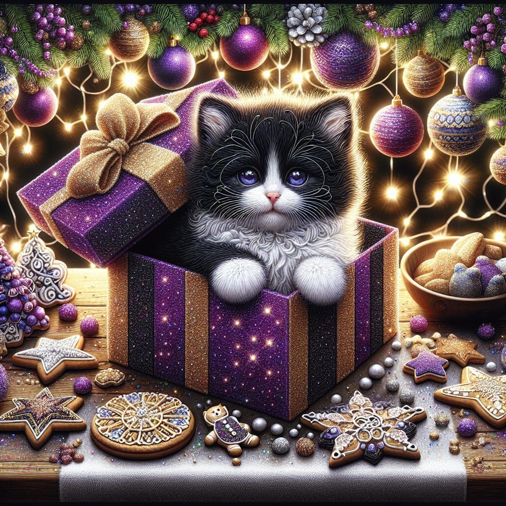 Cute Black and White Kitten in Lavish Christmas Giftbox